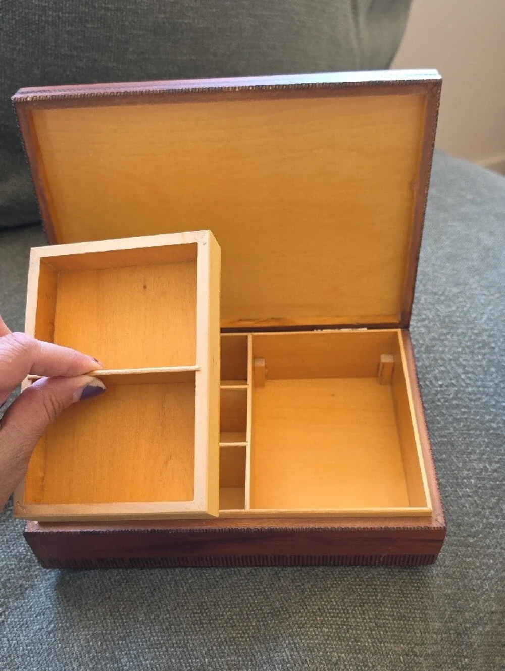 Vintage Polish Brown Wooden Trinket Box with Silk Print Insets